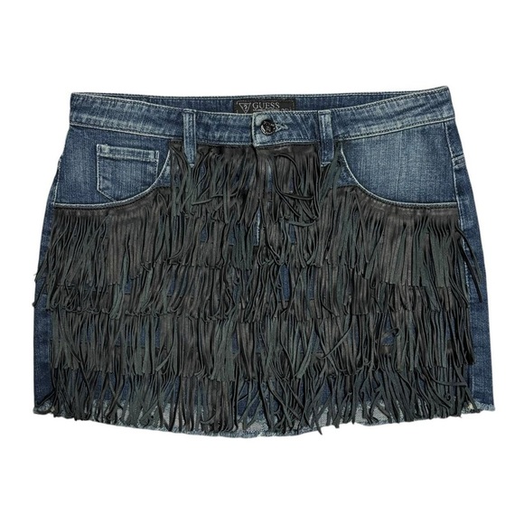 Guess Leather Fringe Denim Mini Skirt - Picture 2 of 6